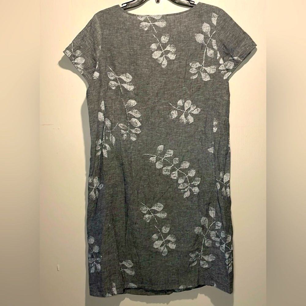 Habitat- Linen Cotton Gray & White Leaf Knee Length Shift Dress Pockets- Small - Picture 2 of 7